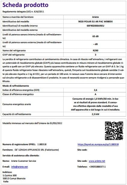 ARIETE POLAR 8 9020 CONDIZIONATORE PORTATILE 8500BTU 1000W VASCHETTA 32L CLASSE A