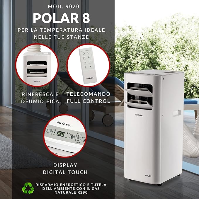 ARIETE POLAR 8 9020 CONDIZIONATORE PORTATILE 8500BTU 1000W VASCHETTA 32L CLASSE A