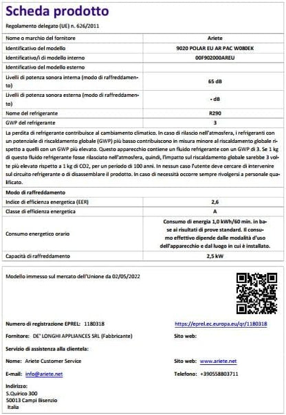 ARIETE POLAR 8 9020 CONDIZIONATORE PORTATILE 8500BTU 1000W VASCHETTA 32L CLASSE A